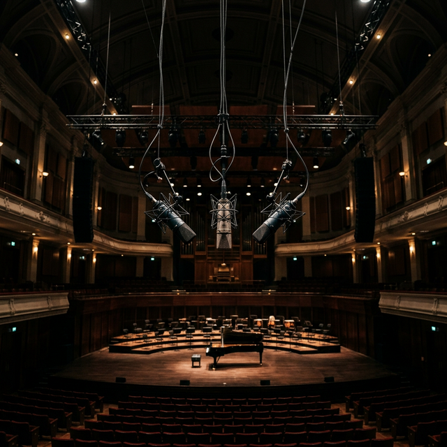 コンサートホールの天井から吊り下げられた高性能マイク