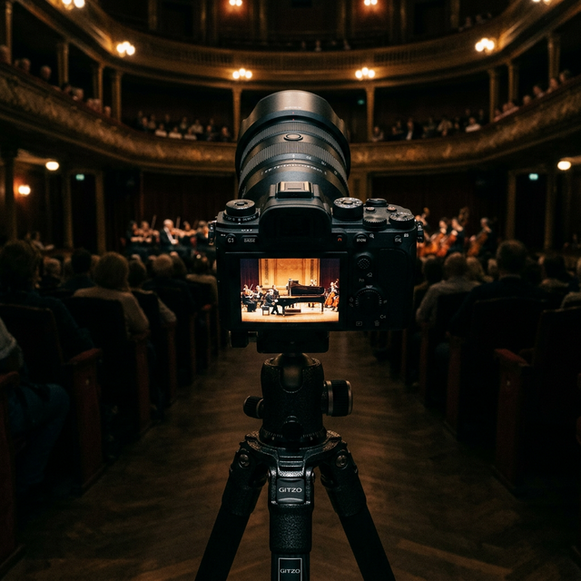 クラシックコンサート会場にセッティングされた高感度フルサイズミラーレスカメラ
